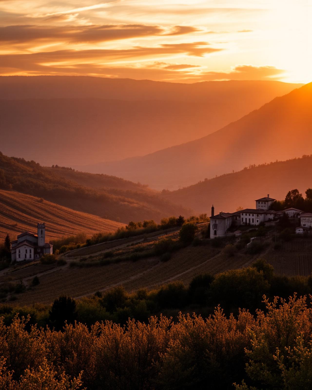 Lever de soleil sur le Luberon, vignes et bastides de pierre
